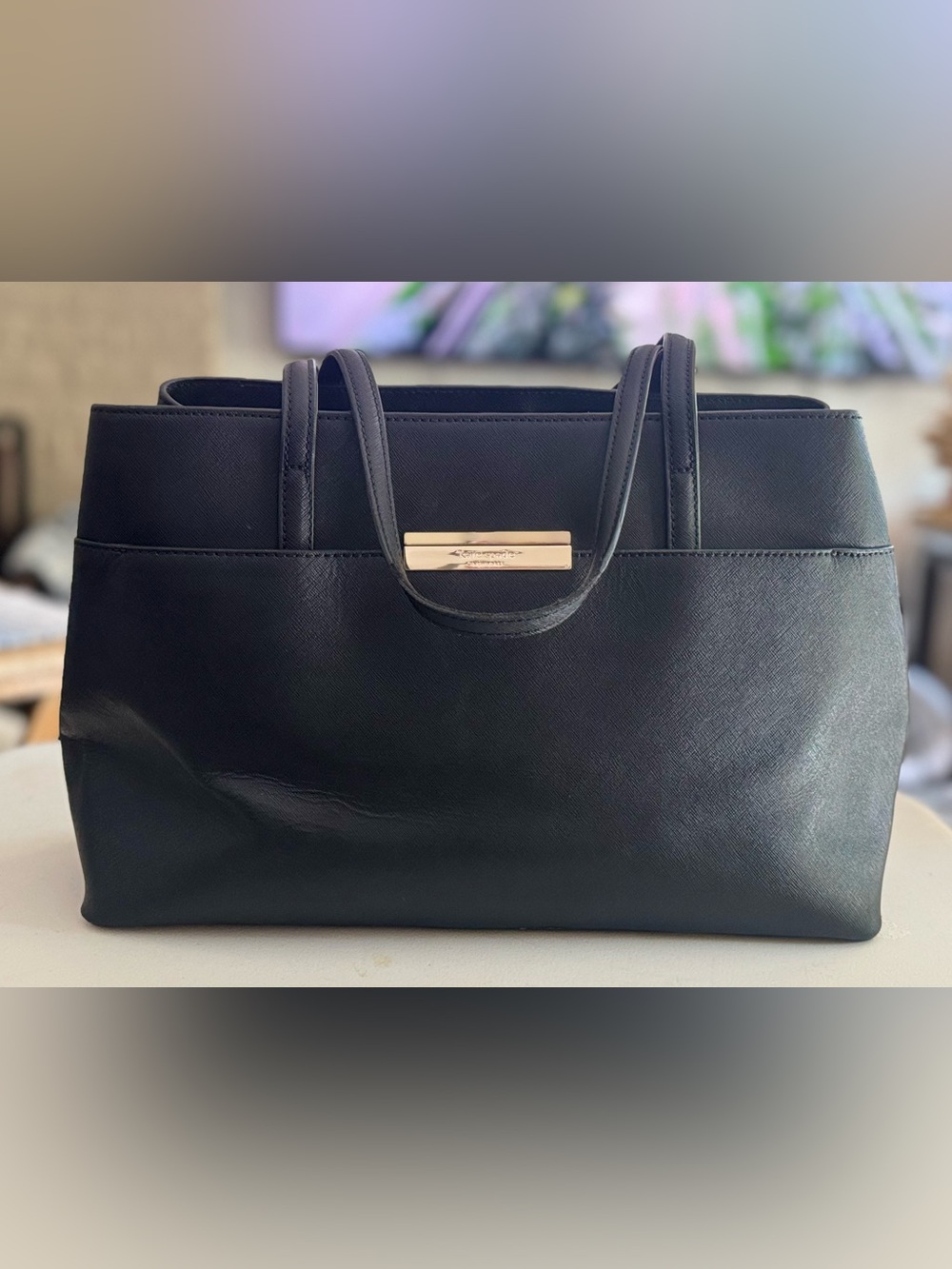 Kate Spade Black Structured Tote with Gold Plaque